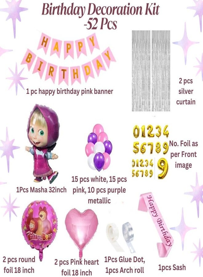 GROOVY DUDZ GROOVYDUDZ Birthday Decoration Kit for Girls - 52 Pcs | Masha Theme Party Supplies | Happy Birthday Banner, Balloons, Curtains, Foil Numbers, Masha Foil Balloon, Heart Balloons, Sash & More (3 Year) - Image 3